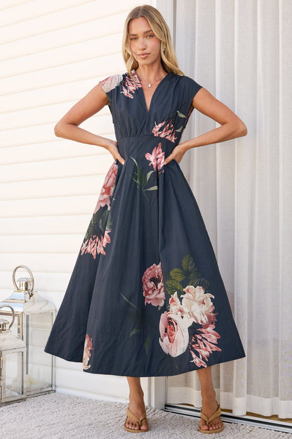 Samira Midi Dress - Cap Sleeve A Line Dress with Pockets in Mika Print Navy
