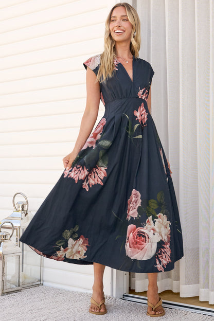 Samira Midi Dress - Cap Sleeve A Line Dress with Pockets in Mika Print Navy