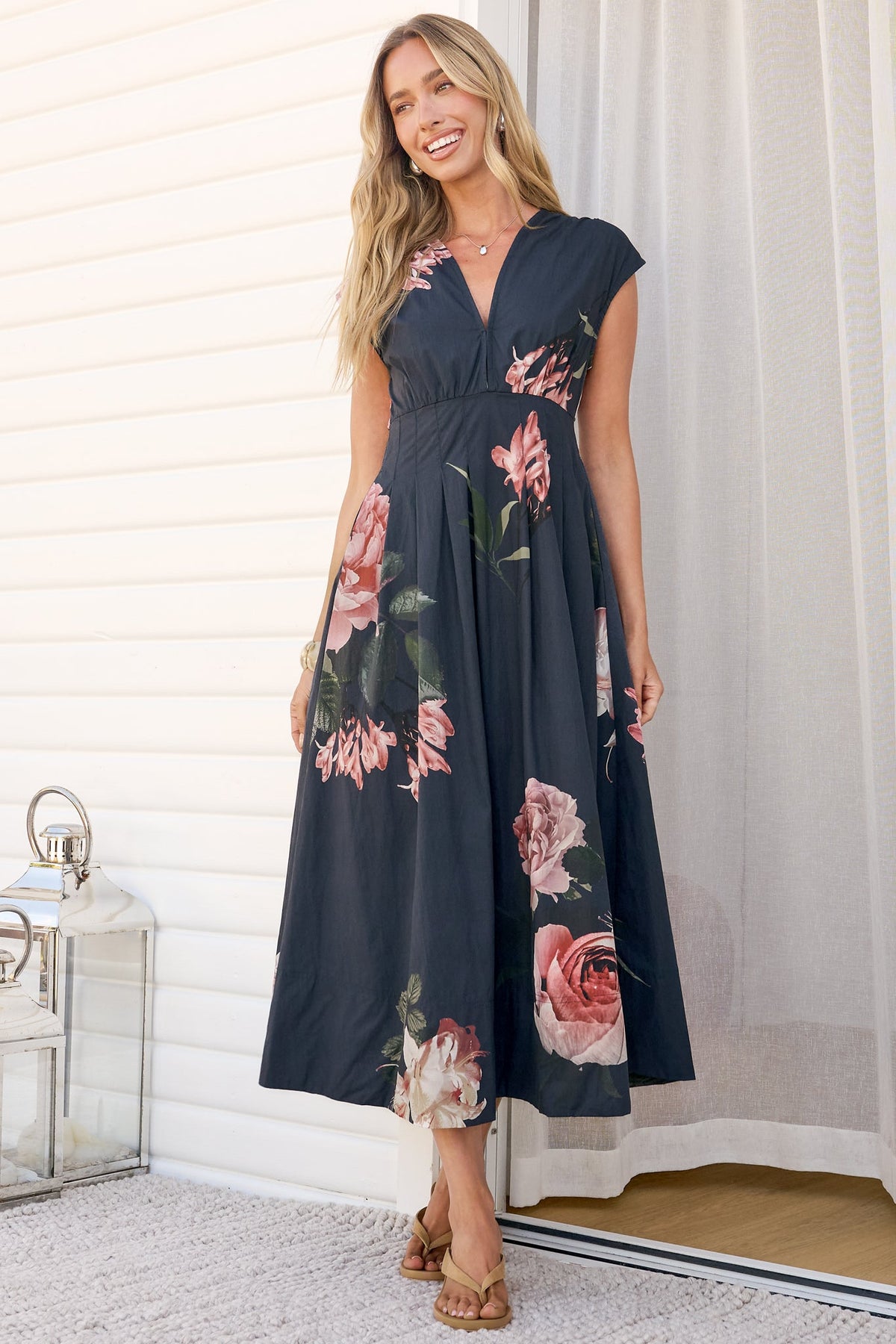 Samira Midi Dress - Cap Sleeve A Line Dress with Pockets in Mika Print Navy