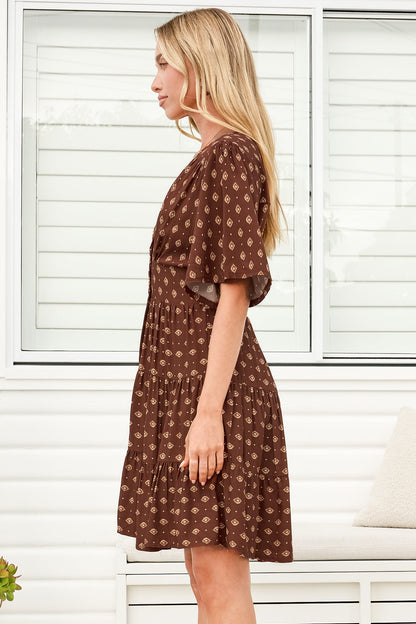 Sana Mini Dress - Bell Sleeve Button Down V Neck Dress in Kendy Print