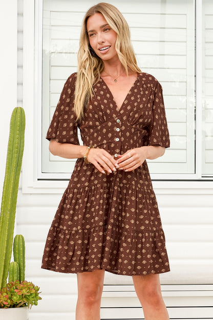 Sana Mini Dress - Bell Sleeve Button Down V Neck Dress in Kendy Print