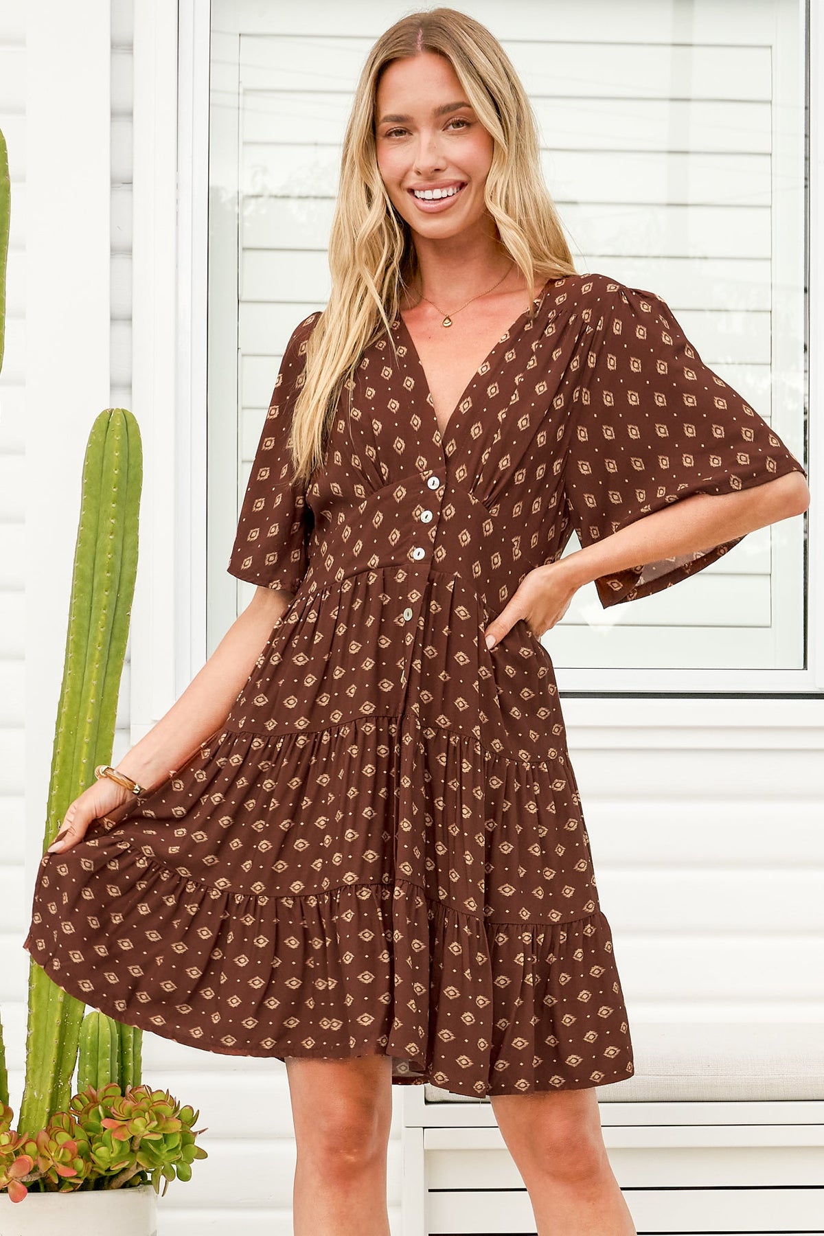Sana Mini Dress - Bell Sleeve Button Down V Neck Dress in Kendy Print
