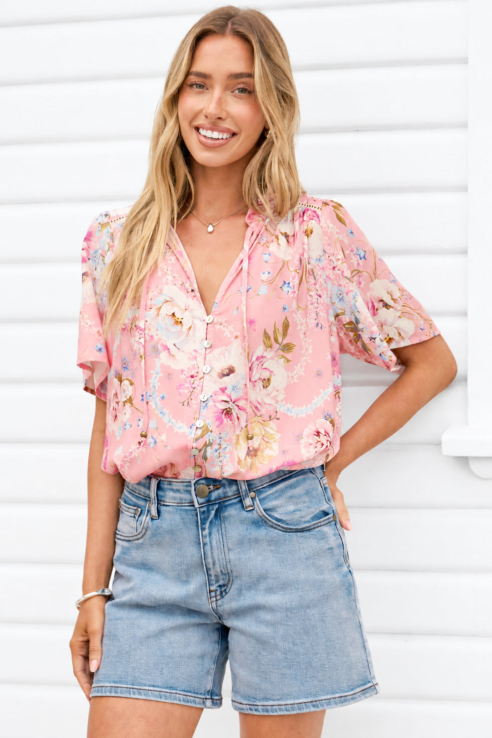 Scheana Blouse - Frill Collar Button Down with Flutter Sleeves in Ginnee Print