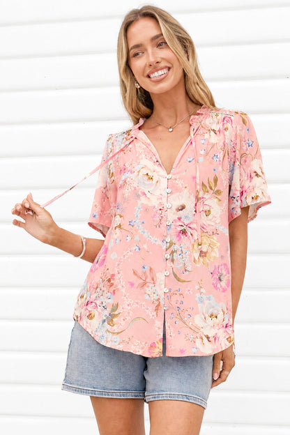 Scheana Blouse - Frill Collar Button Down with Flutter Sleeves in Ginnee Print