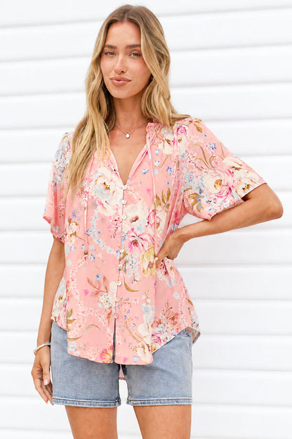 Scheana Blouse - Frill Collar Button Down with Flutter Sleeves in Ginnee Print