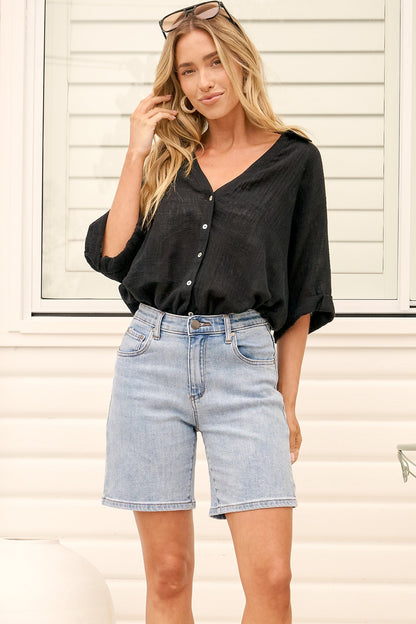 Shelly Shirt - Linen Collared Button Down Shirt in Black