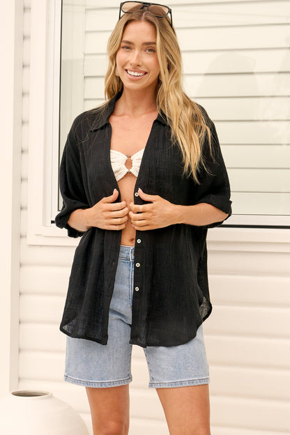 Shelly Shirt - Linen Collared Button Down Shirt in Black