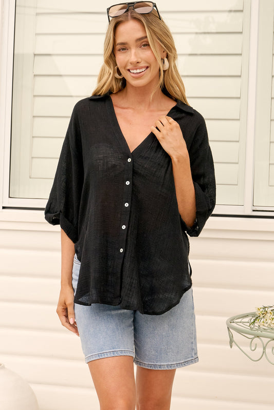Shelly Shirt - Linen Collared Button Down Shirt in Black