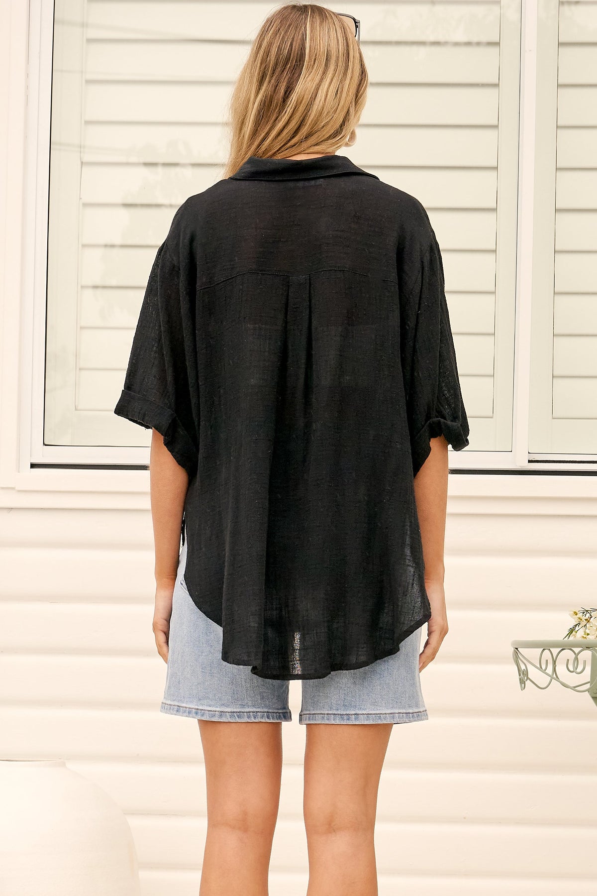 Shelly Shirt - Linen Collared Button Down Shirt in Black
