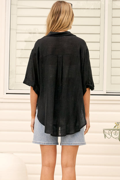Shelly Shirt - Linen Collared Button Down Shirt in Black