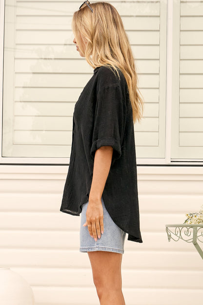 Shelly Shirt - Linen Collared Button Down Shirt in Black