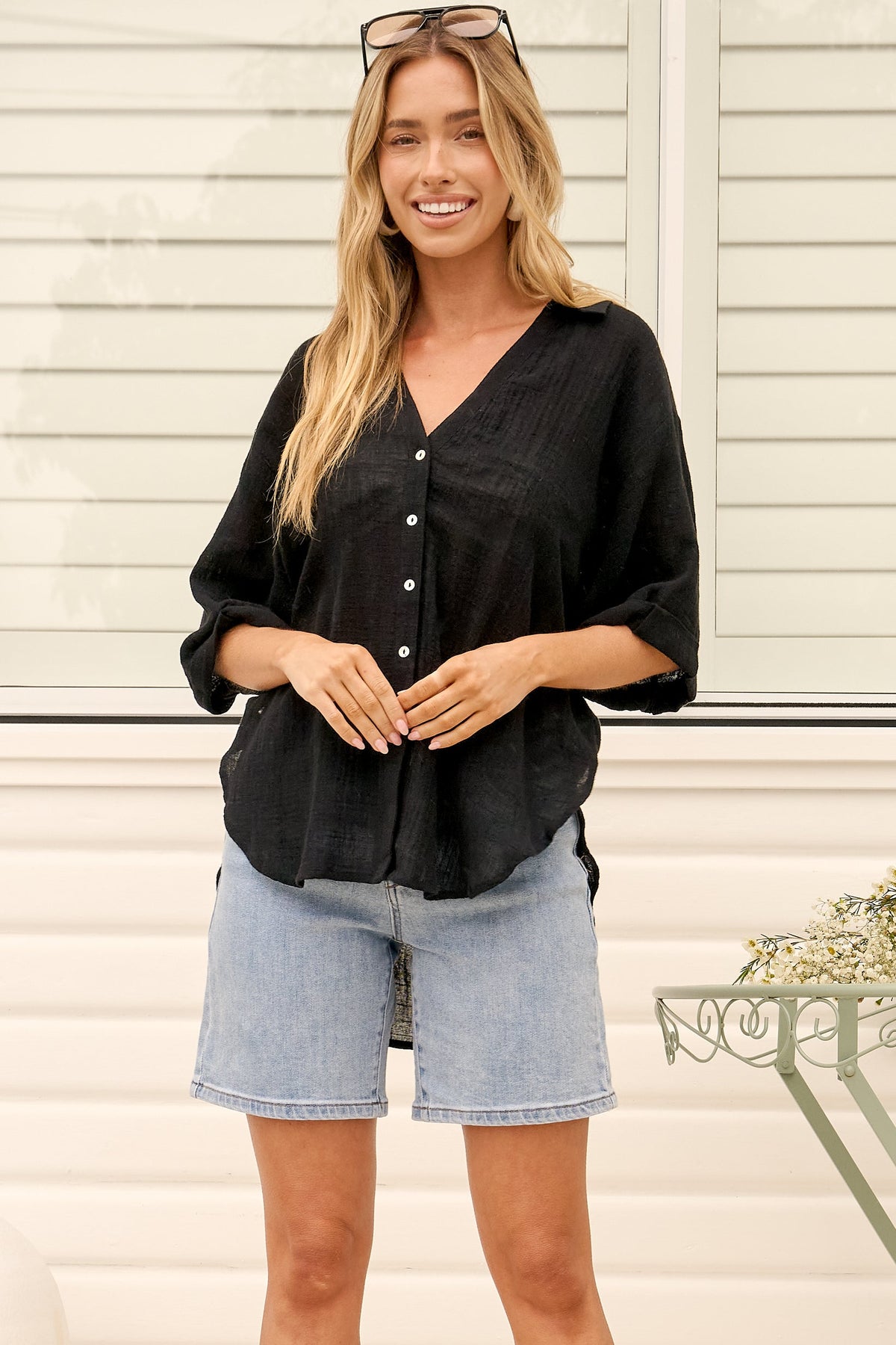 Shelly Shirt - Linen Collared Button Down Shirt in Black