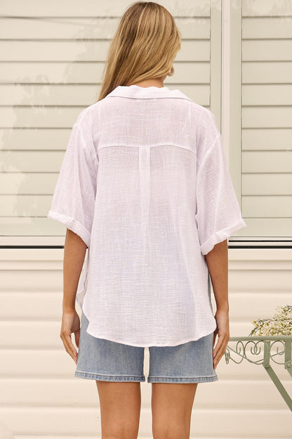 Shelly Shirt - Linen Collared Button Down Shirt in White