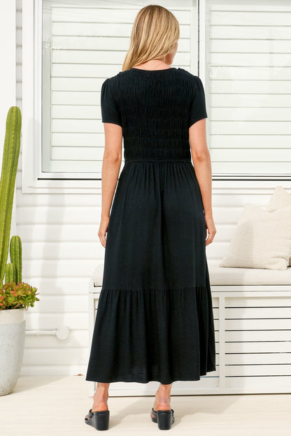 Stephan Midi Dress - Cap Sleeve Tortoiseshell Button-Down Tiered Dress in Black