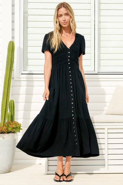 Stephan Midi Dress - Cap Sleeve Tortoiseshell Button-Down Tiered Dress in Black