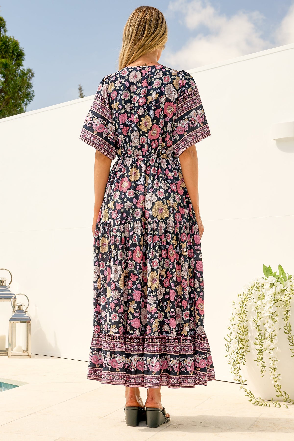 Tassia Maxi Dress - Buttoned Bodice Pull Tie Waist Dress in Anissa Print Black