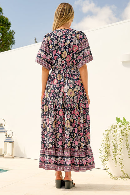 Tassia Maxi Dress - Buttoned Bodice Pull Tie Waist Dress in Anissa Print Black