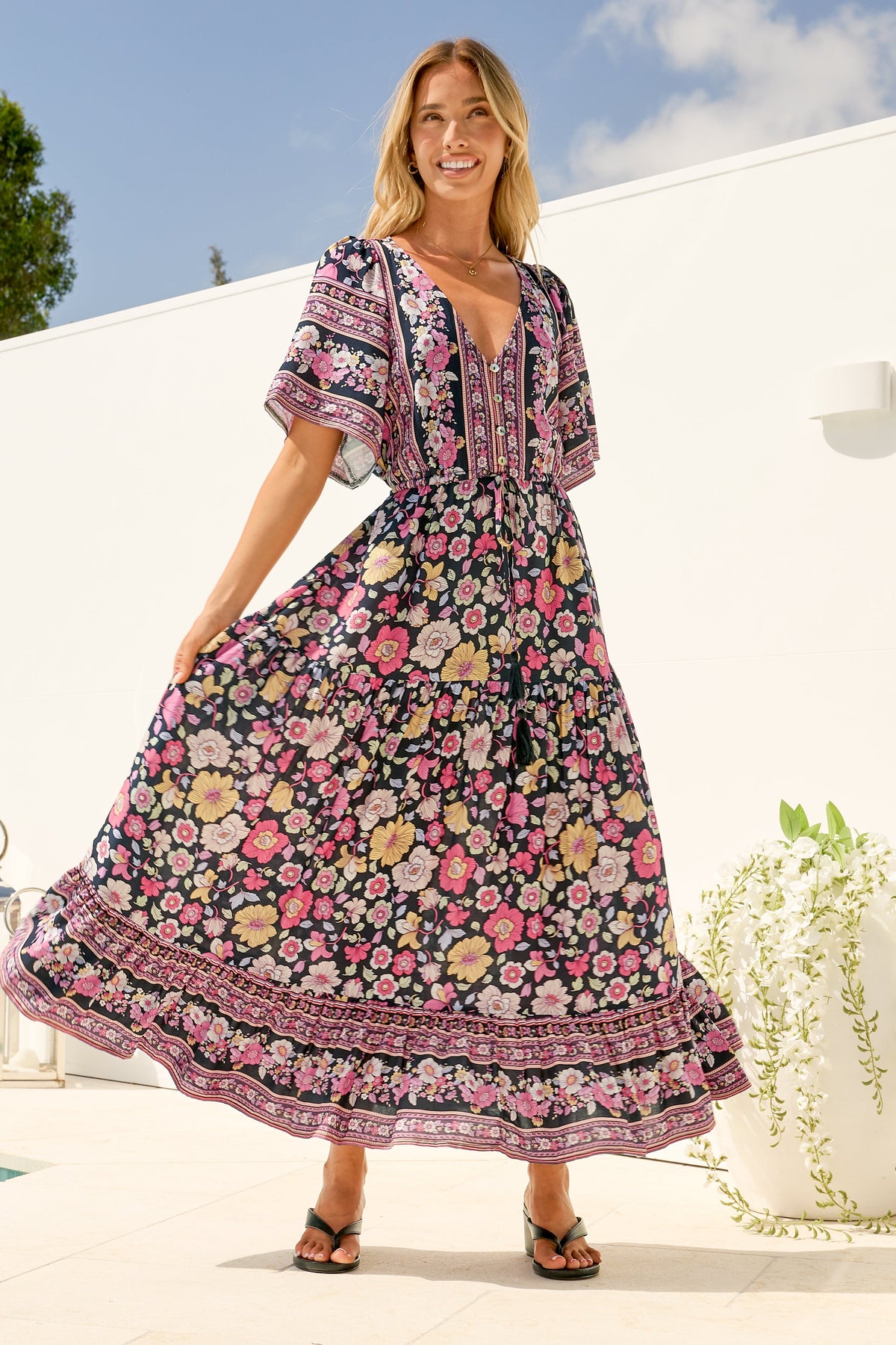 Tassia Maxi Dress - Buttoned Bodice Pull Tie Waist Dress in Anissa Print Black