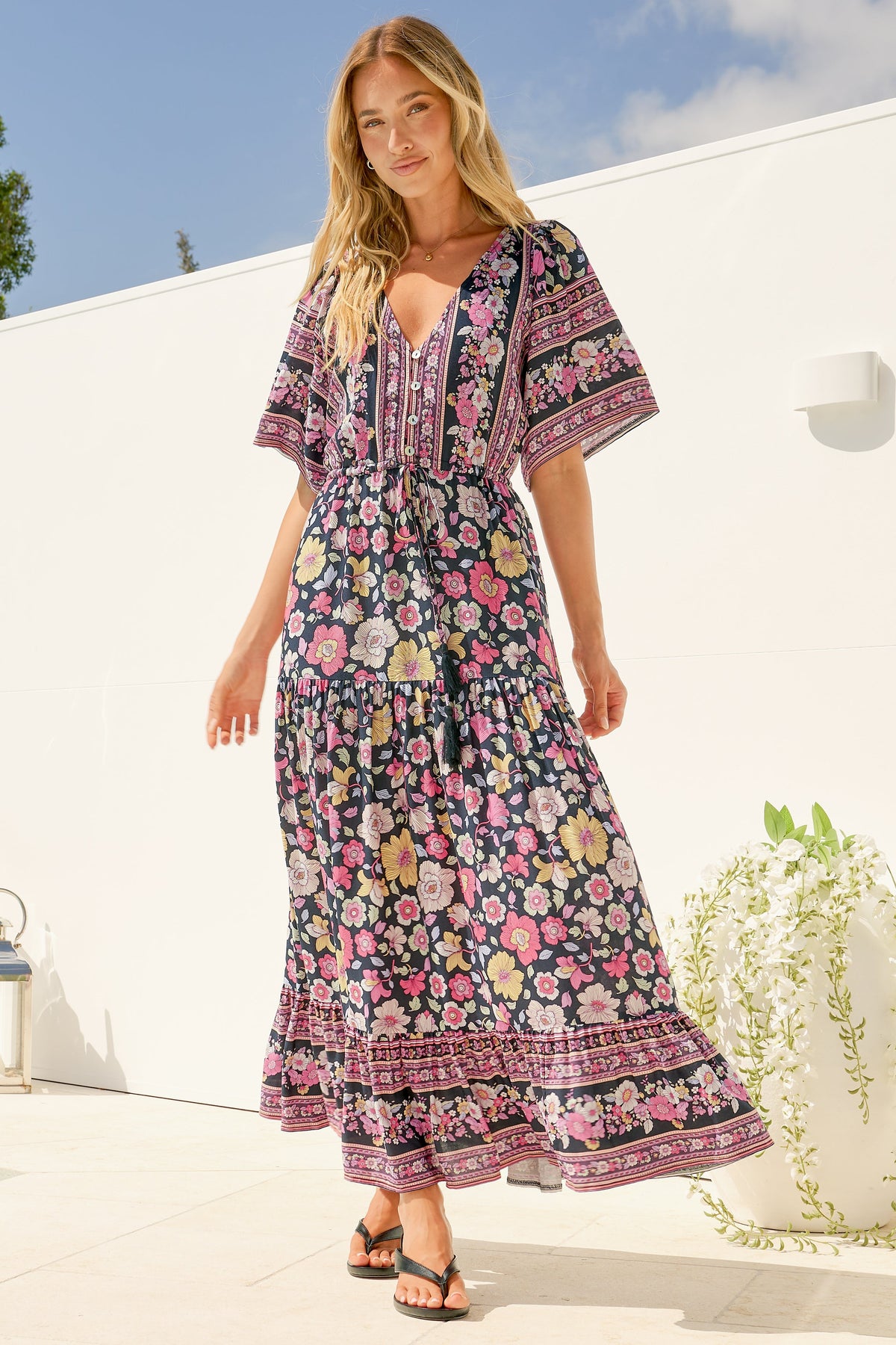 Tassia Maxi Dress - Buttoned Bodice Pull Tie Waist Dress in Anissa Print Black
