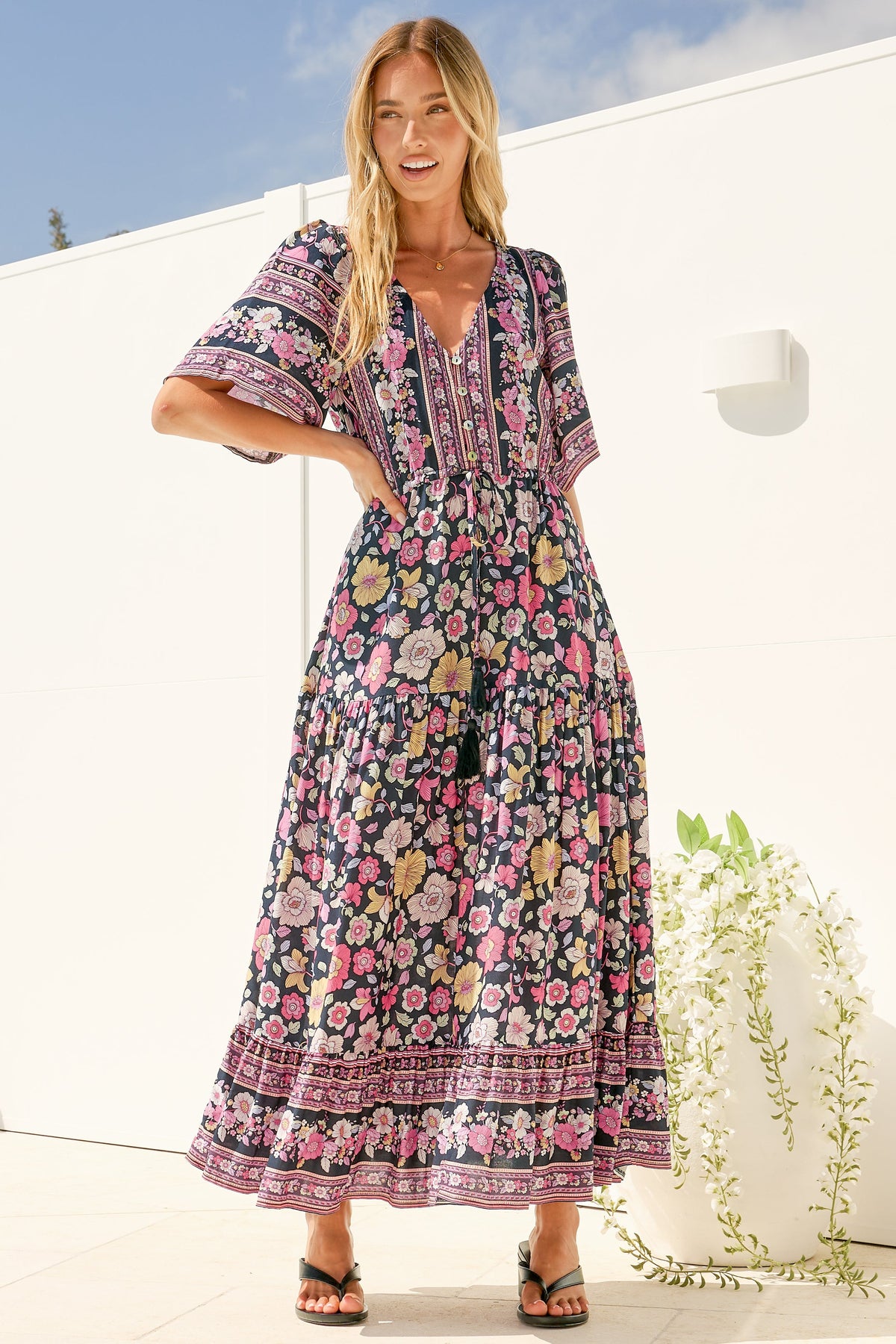Tassia Maxi Dress - Buttoned Bodice Pull Tie Waist Dress in Anissa Print Black