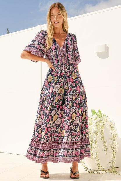 Tassia Maxi Dress - Buttoned Bodice Pull Tie Waist Dress in Anissa Print Black