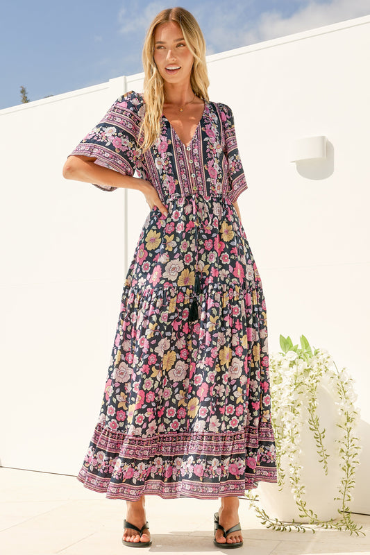 Tassia Maxi Dress - Buttoned Bodice Pull Tie Waist Dress in Anissa Print Black