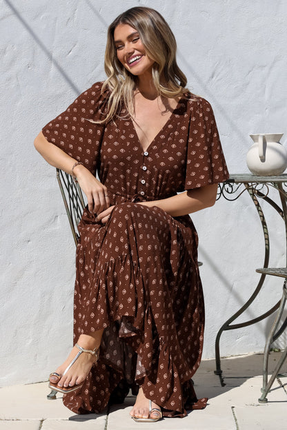 Tassia Maxi Dress - Buttoned Bodice Pull Tie Waist Dress in Kendy Print