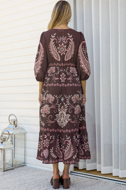 Thanya Midi Dress - V-Neck with Tie Balloon Sleeve Tiered Dress in Magah Print Brown