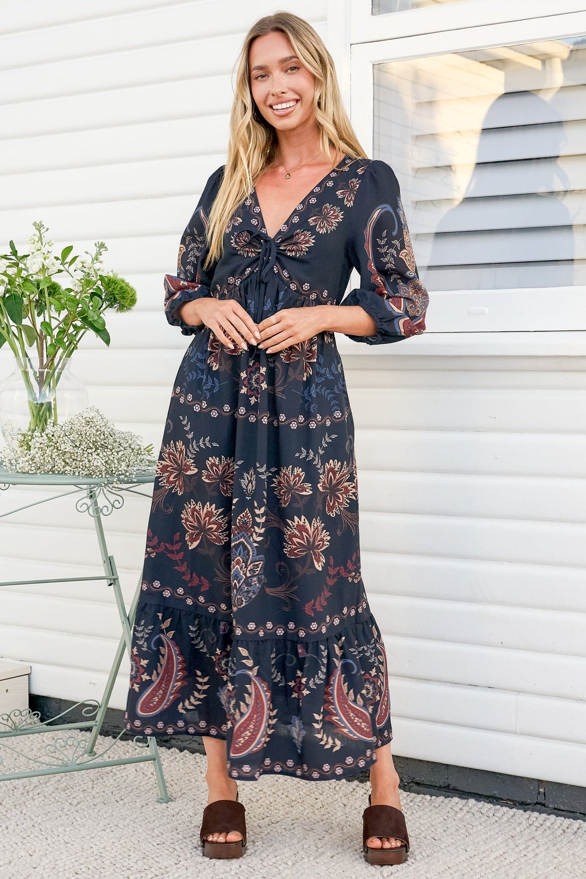 Thanya Midi Dress - V-Neck with Tie Balloon Sleeve Tiered Dress in Magah Print Navy