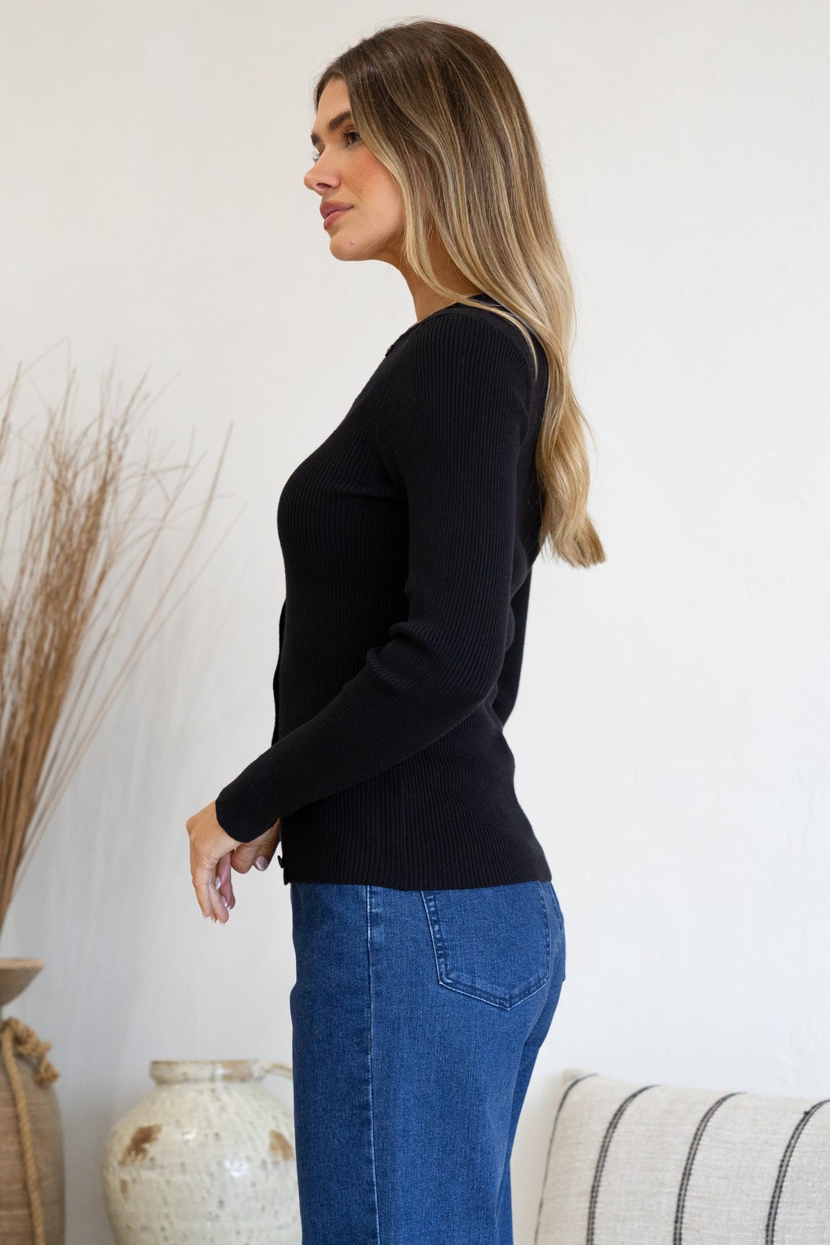 Tori Knit Top - Buttoned Down Long Sleeve Ribbed Knit in Black