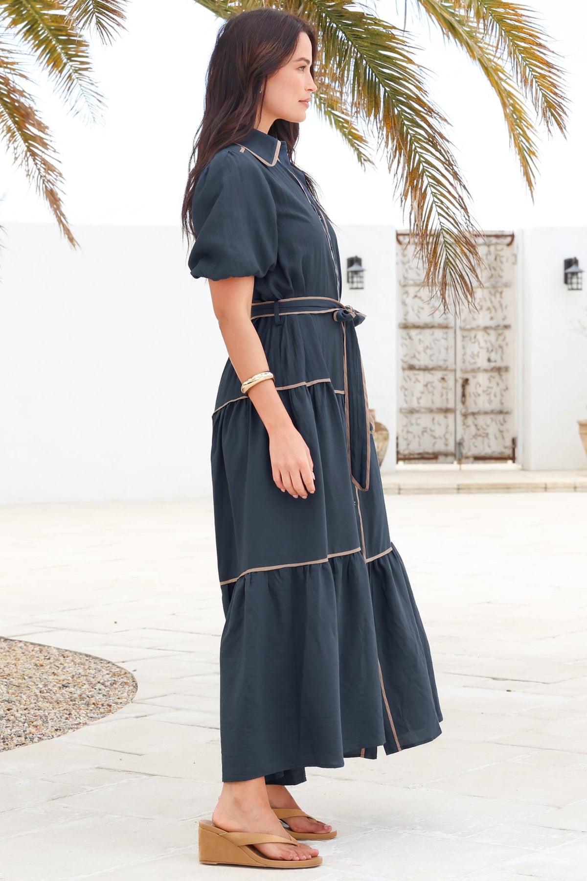 Valencia Maxi Dress - Collared Tiered Button Down Dress with Contrast Trim in Navy