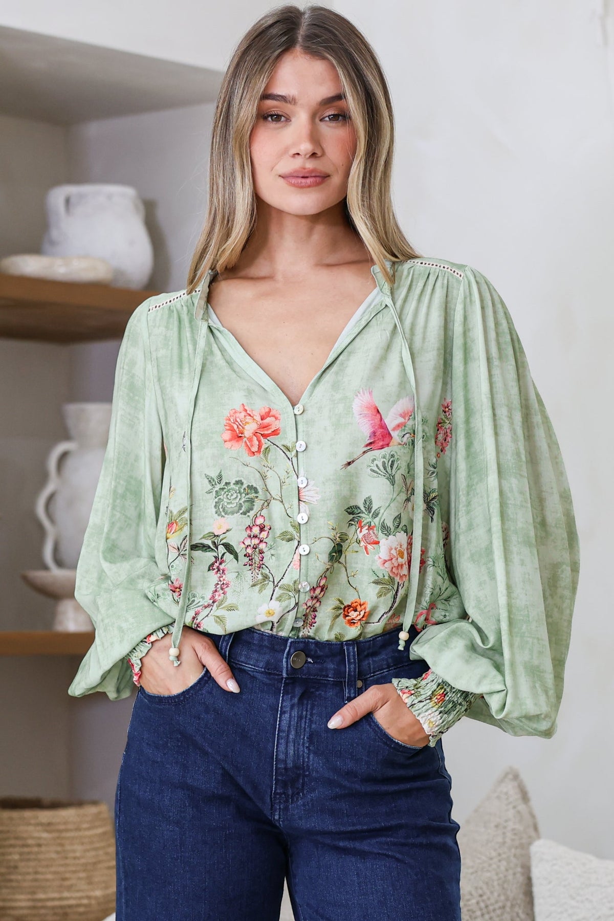 Violet Blouse - Frill Collar Button Down Balloon Sleeve Top in Ferngully Print
