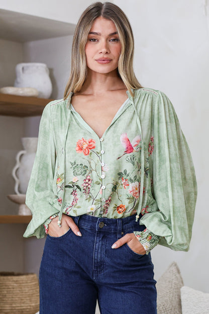 Violet Blouse - Frill Collar Button Down Balloon Sleeve Top in Ferngully Print
