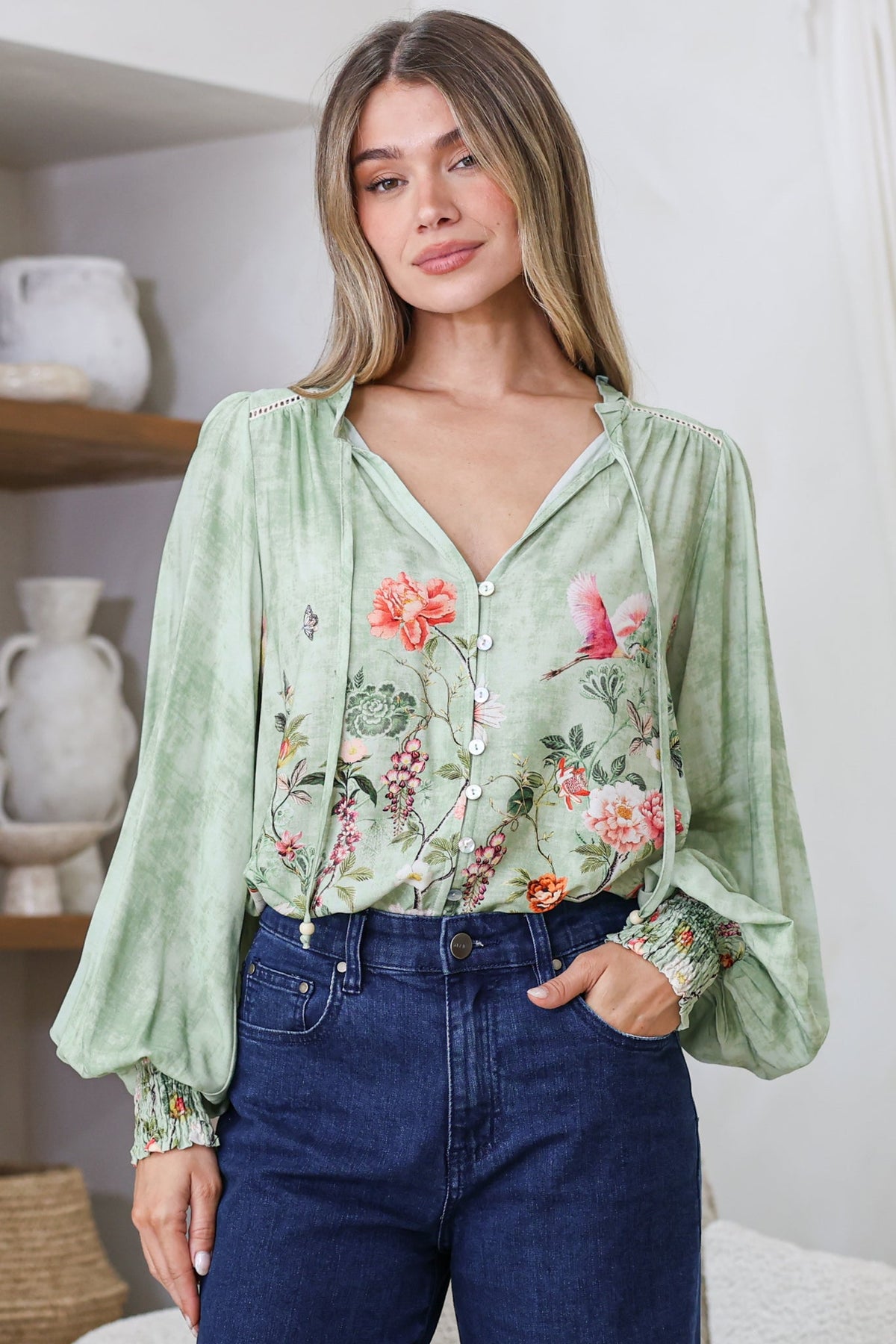 Violet Blouse - Frill Collar Button Down Balloon Sleeve Top in Ferngully Print