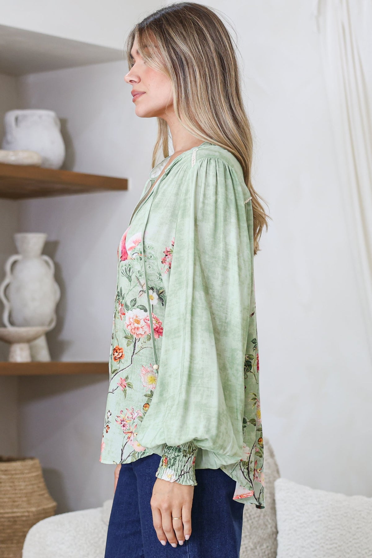 Violet Blouse - Frill Collar Button Down Balloon Sleeve Top in Ferngully Print
