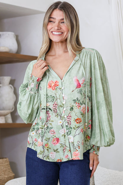 Violet Blouse - Frill Collar Button Down Balloon Sleeve Top in Ferngully Print