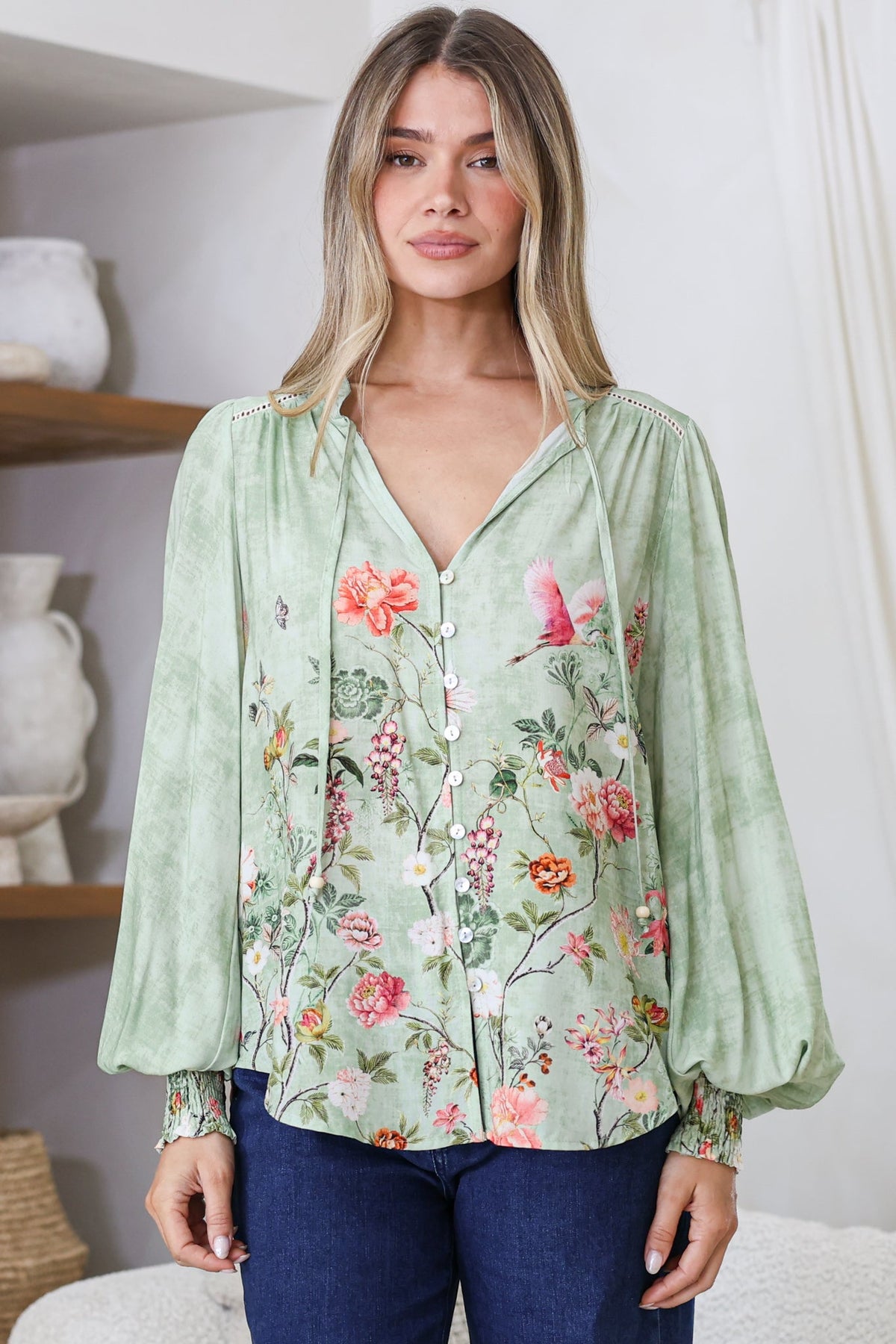 Violet Blouse - Frill Collar Button Down Balloon Sleeve Top in Ferngully Print
