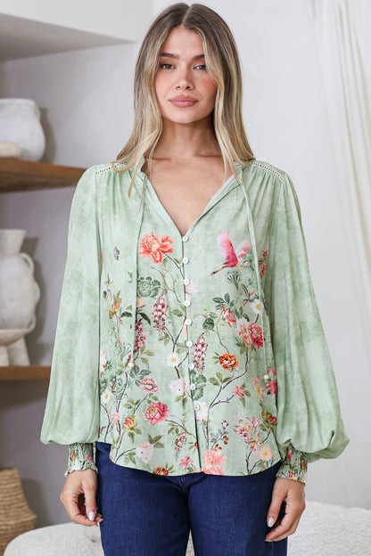 Violet Blouse - Frill Collar Button Down Balloon Sleeve Top in Ferngully Print