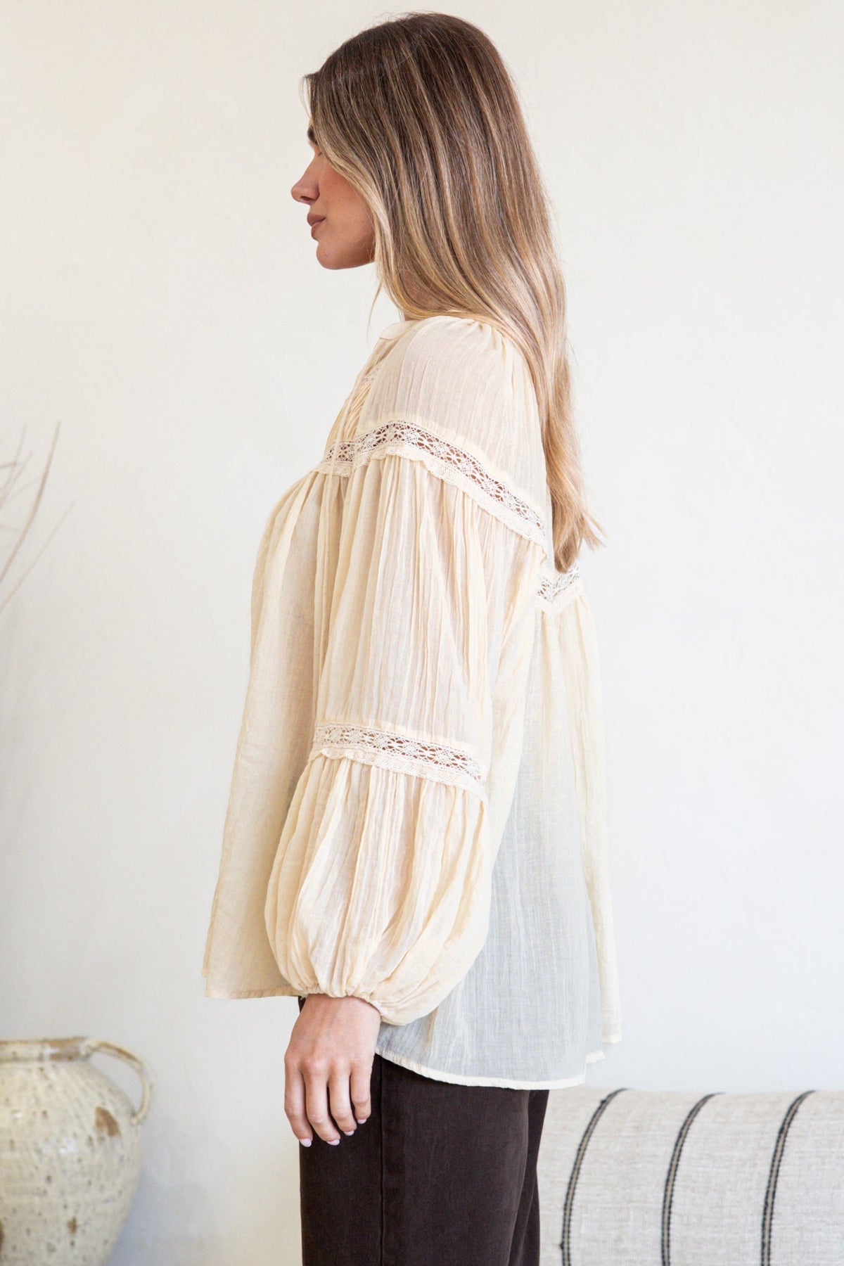 Vivianne Blouse - V Neck Lace Detailed Button Down with Balloon Sleeves in Cream