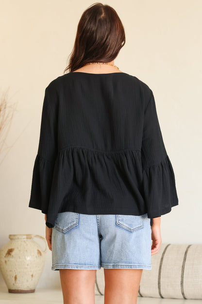 Yvanna Top - Boatneck Adjustable Waist Cheesecloth Cotton Top in Black