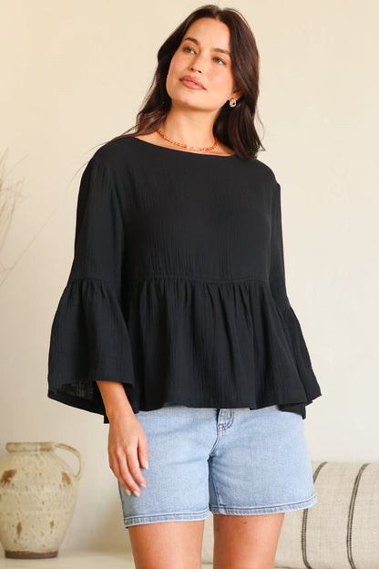 Yvanna Top - Boatneck Adjustable Waist Cheesecloth Cotton Top in Black