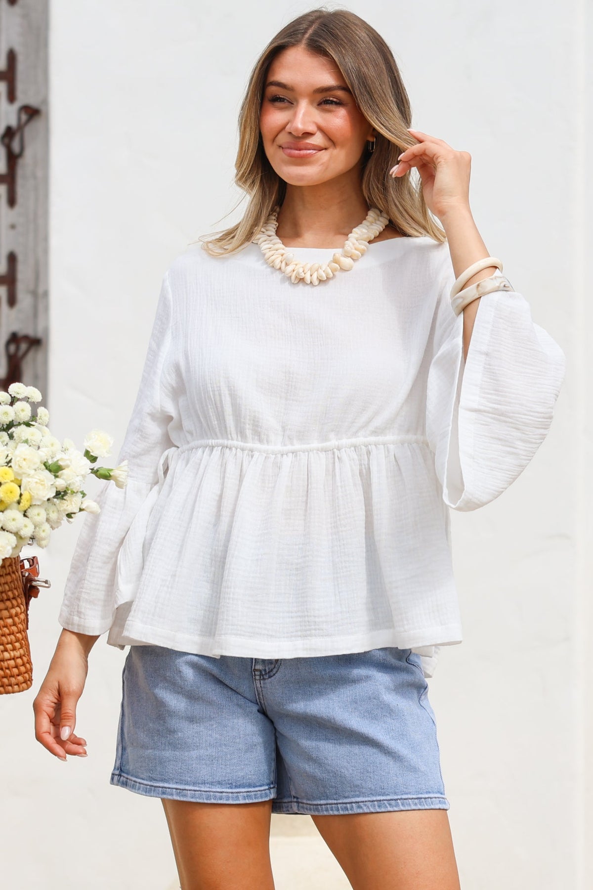 Yvanna Top - Boatneck Adjustable Waist Cheesecloth Cotton Top in White