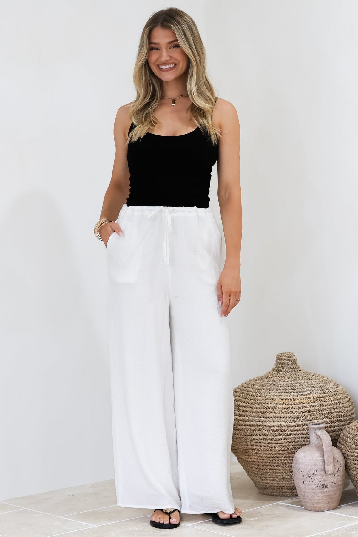 Zafira Pants - High Waisted Cheesecloth Pants with Waist Tie in White