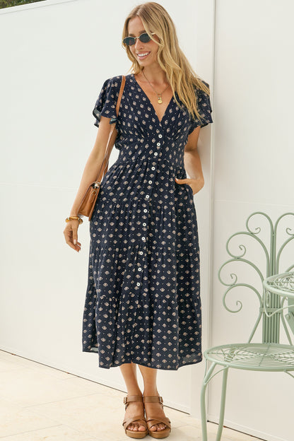Zimmy Midi Dress - V Neck Button Down A-Line Dress with Flutter Sleeves in Kendy Print Navy