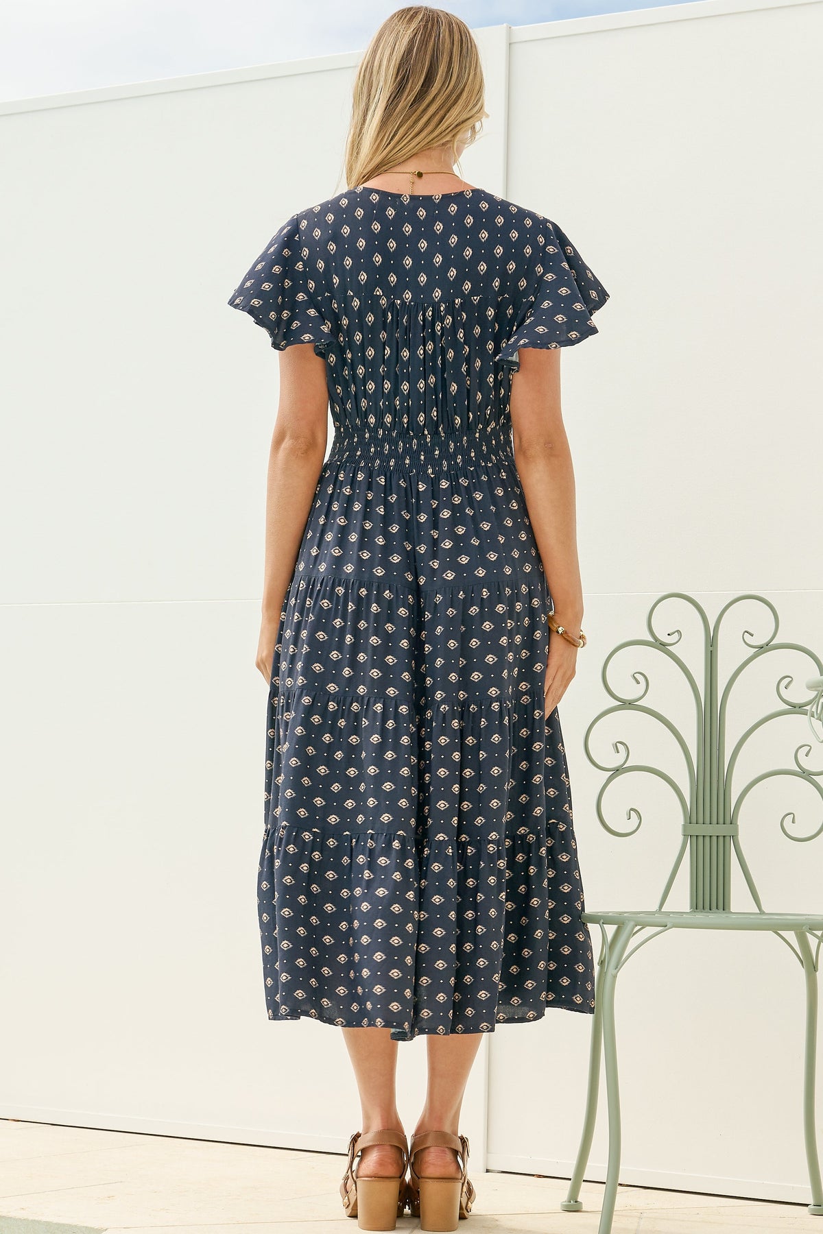 Zimmy Midi Dress - V Neck Button Down A-Line Dress with Flutter Sleeves in Kendy Print Navy