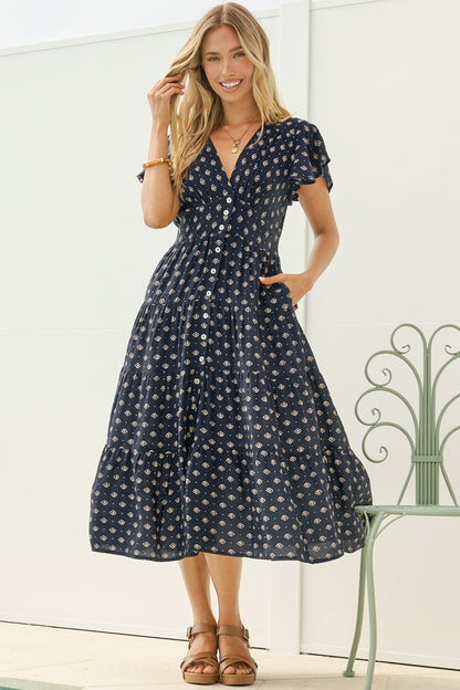 Zimmy Midi Dress - V Neck Button Down A-Line Dress with Flutter Sleeves in Kendy Print Navy