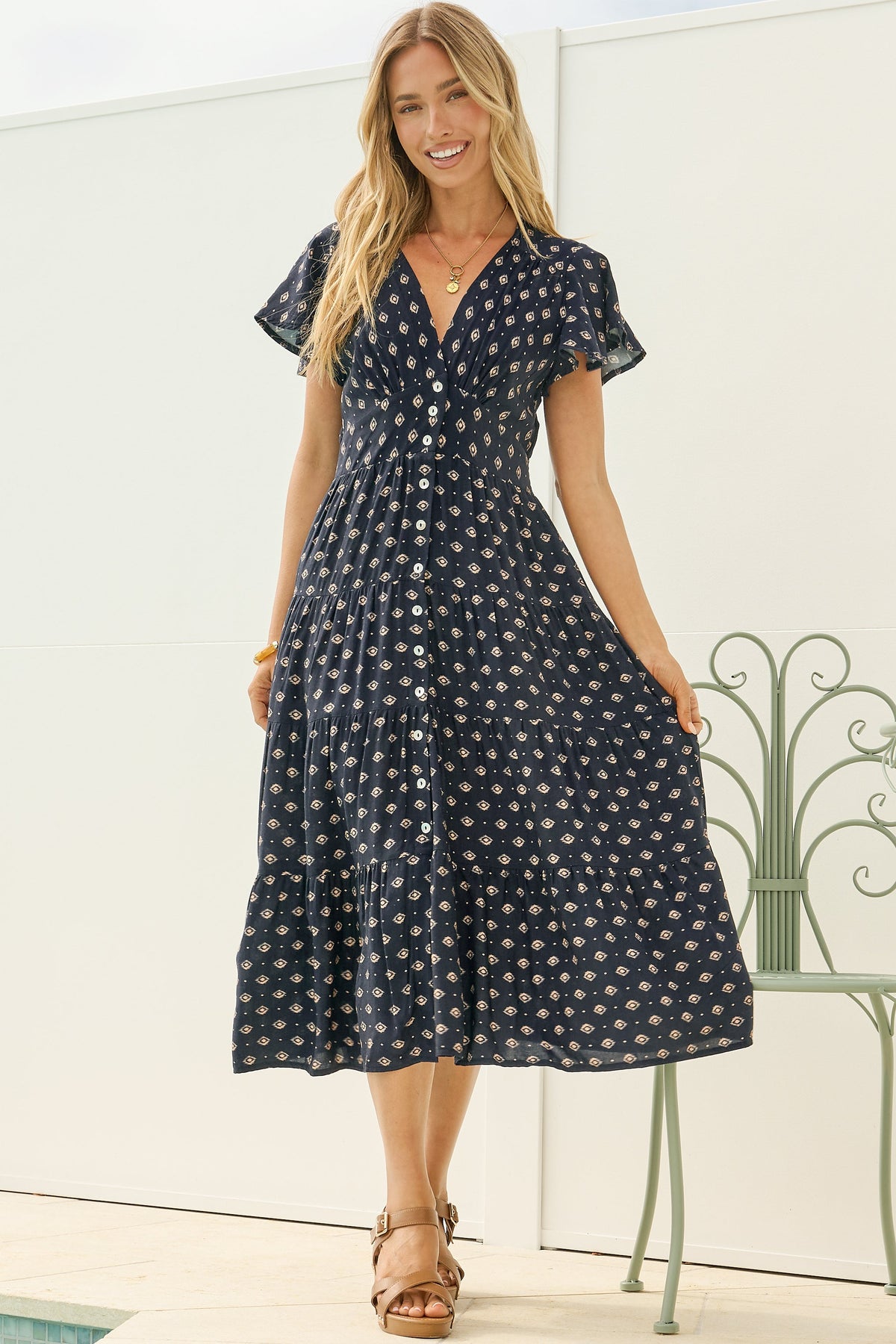 Zimmy Midi Dress - V Neck Button Down A-Line Dress with Flutter Sleeves in Kendy Print Navy